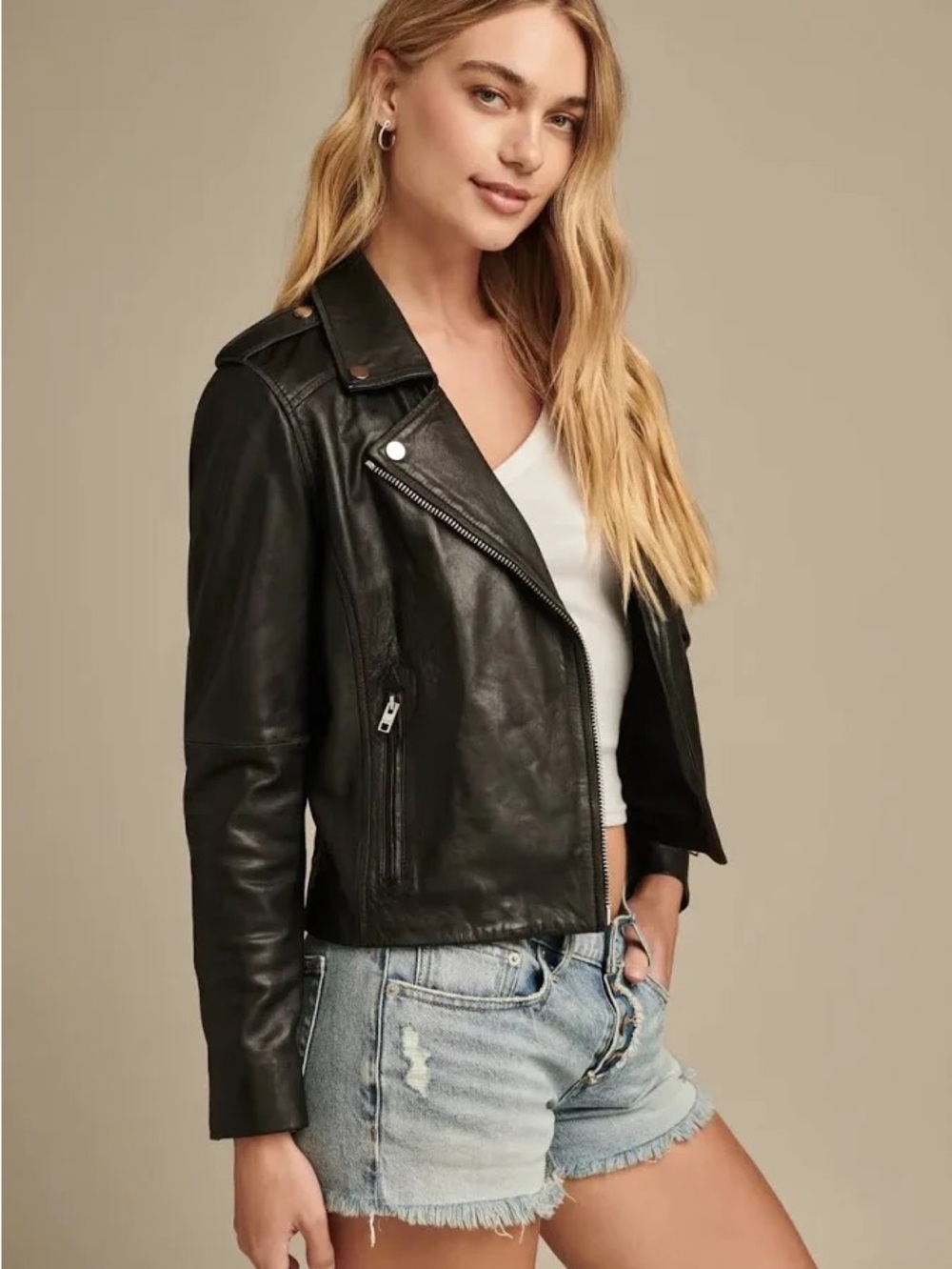 Lucky Brand Black Leather Moto Jacket - Women's Classic Biker Coat